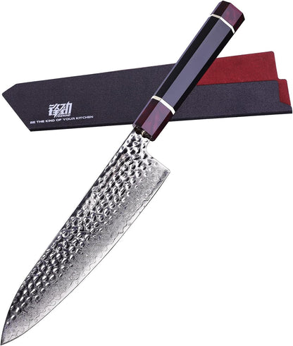 Eternity Series Japanese Santoku Knife with ABS sheath, Professional Kitchen Knife, 9Cr18MoV Damascus Steel Blade, Resin Octagonal Handle, for Meat, Fruits, Vegetables, 7 Inches
