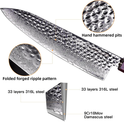 Eternity Series Japanese Santoku Knife with ABS sheath, Professional Kitchen Knife, 9Cr18MoV Damascus Steel Blade, Resin Octagonal Handle, for Meat, Fruits, Vegetables, 7 Inches
