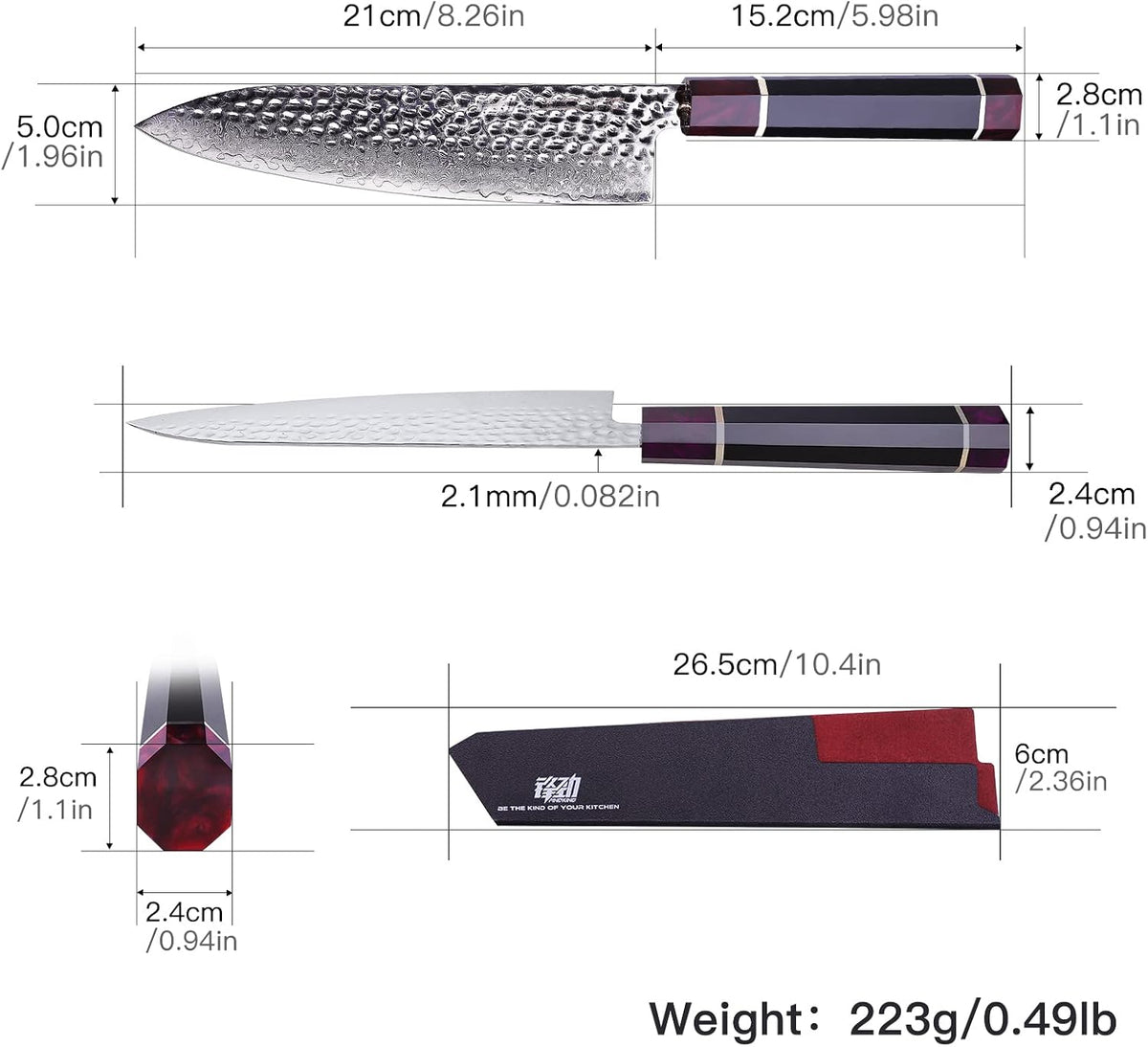Eternity Series Japanese Santoku Knife with ABS sheath, Professional Kitchen Knife, 9Cr18MoV Damascus Steel Blade, Resin Octagonal Handle, for Meat, Fruits, Vegetables, 7 Inches