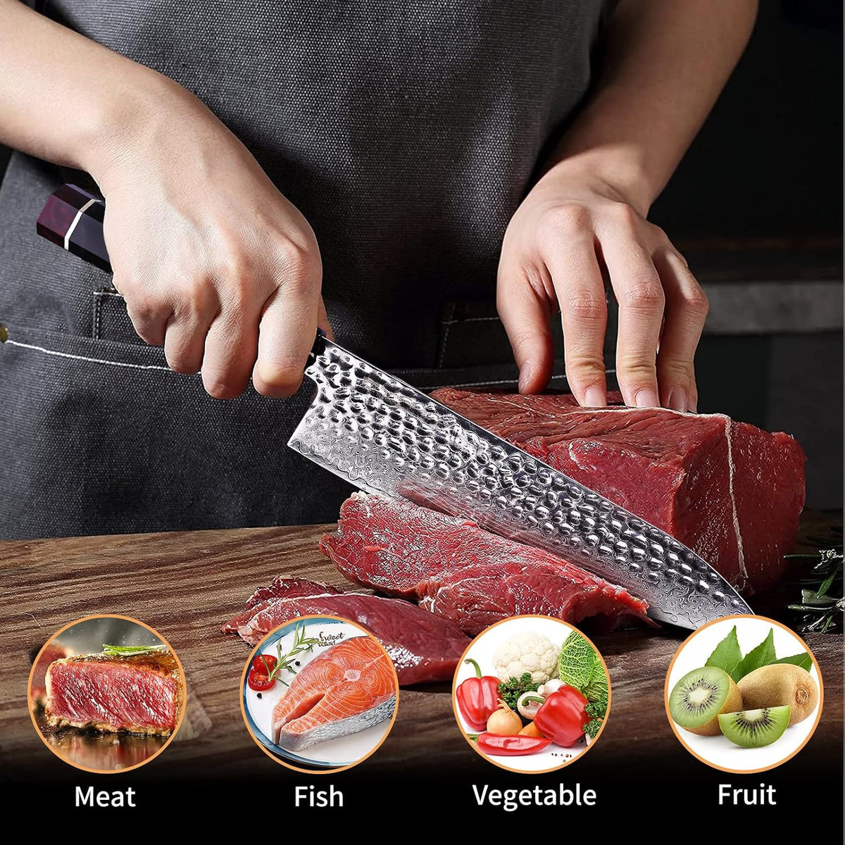 Eternity Series Japanese Santoku Knife with ABS sheath, Professional Kitchen Knife, 9Cr18MoV Damascus Steel Blade, Resin Octagonal Handle, for Meat, Fruits, Vegetables, 7 Inches