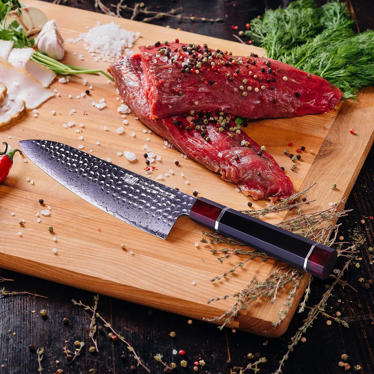 Eternity Series Japanese Santoku Knife with ABS sheath, Professional Kitchen Knife, 9Cr18MoV Damascus Steel Blade, Resin Octagonal Handle, for Meat, Fruits, Vegetables, 7 Inches