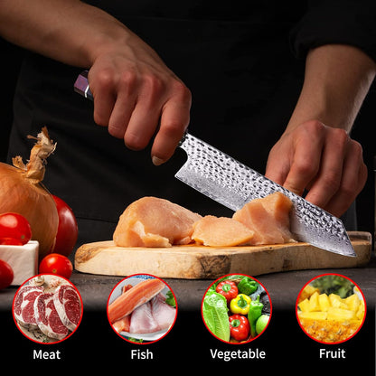 Eternity Series Japanese Santoku Knife with ABS sheath, Professional Kitchen Knife, 9Cr18MoV Damascus Steel Blade, Resin Octagonal Handle, for Meat, Fruits, Vegetables, 7 Inches