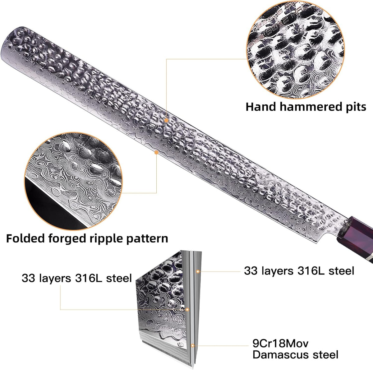 Eternity Series Japanese Santoku Knife with ABS sheath, Professional Kitchen Knife, 9Cr18MoV Damascus Steel Blade, Resin Octagonal Handle, for Meat, Fruits, Vegetables, 7 Inches
