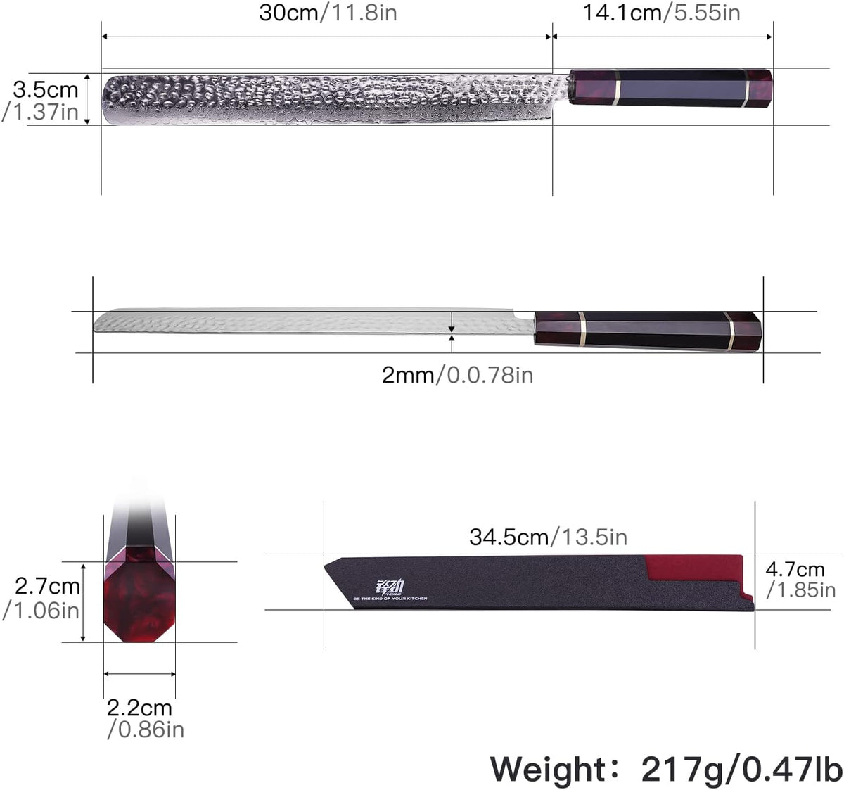 Eternity Series Japanese Santoku Knife with ABS sheath, Professional Kitchen Knife, 9Cr18MoV Damascus Steel Blade, Resin Octagonal Handle, for Meat, Fruits, Vegetables, 7 Inches