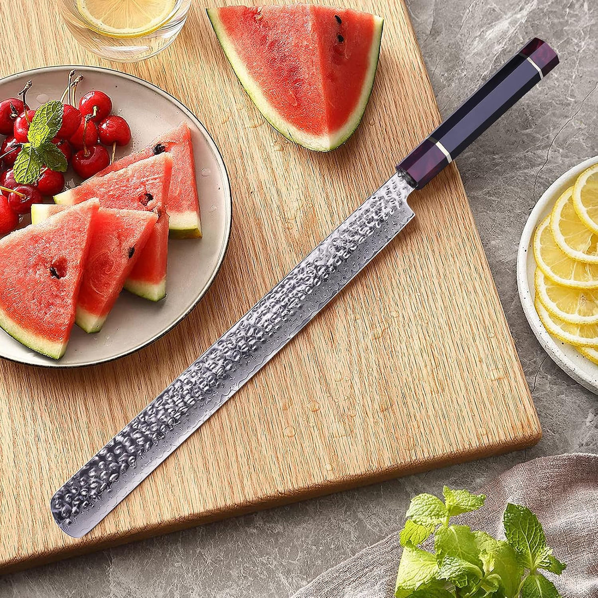 Eternity Series Japanese Santoku Knife with ABS sheath, Professional Kitchen Knife, 9Cr18MoV Damascus Steel Blade, Resin Octagonal Handle, for Meat, Fruits, Vegetables, 7 Inches