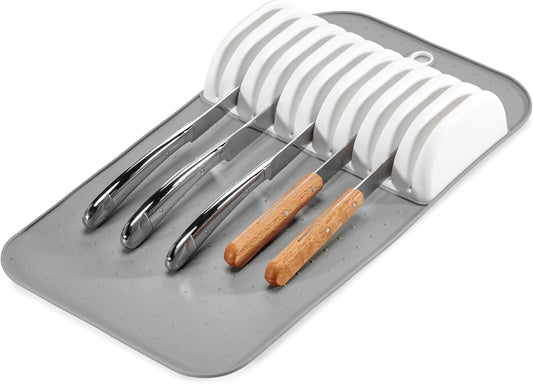 Classic In Drawer Knife Mat, 11 Knives, White | non slip feet, rounded corners, secure blade slots, countertop block alternative, woman owned