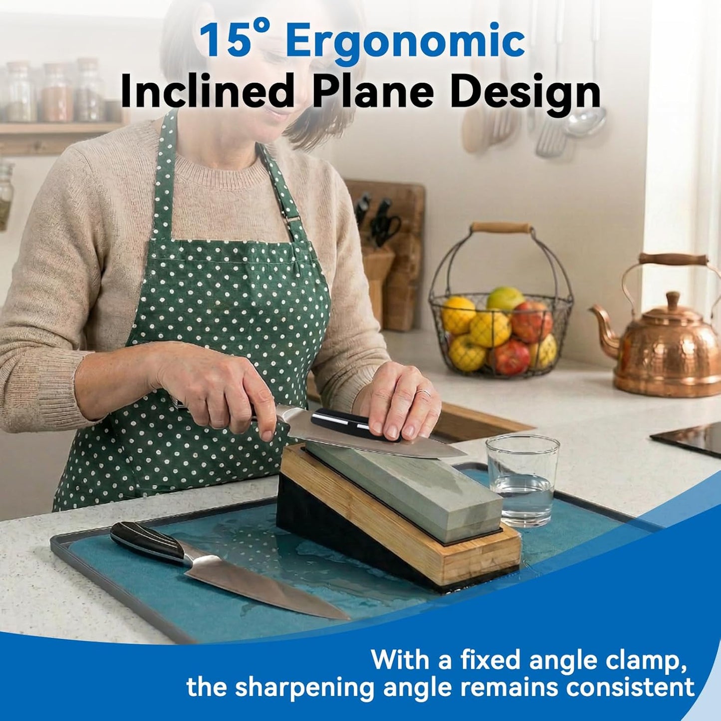 No-Mess Knife Sharpening Kit - Leak-Proof Silicone Tray & Absorbent Diatomite Mat with 15 Angled Whetstone Holder & Angle Guide | All-in-One Sharpening System