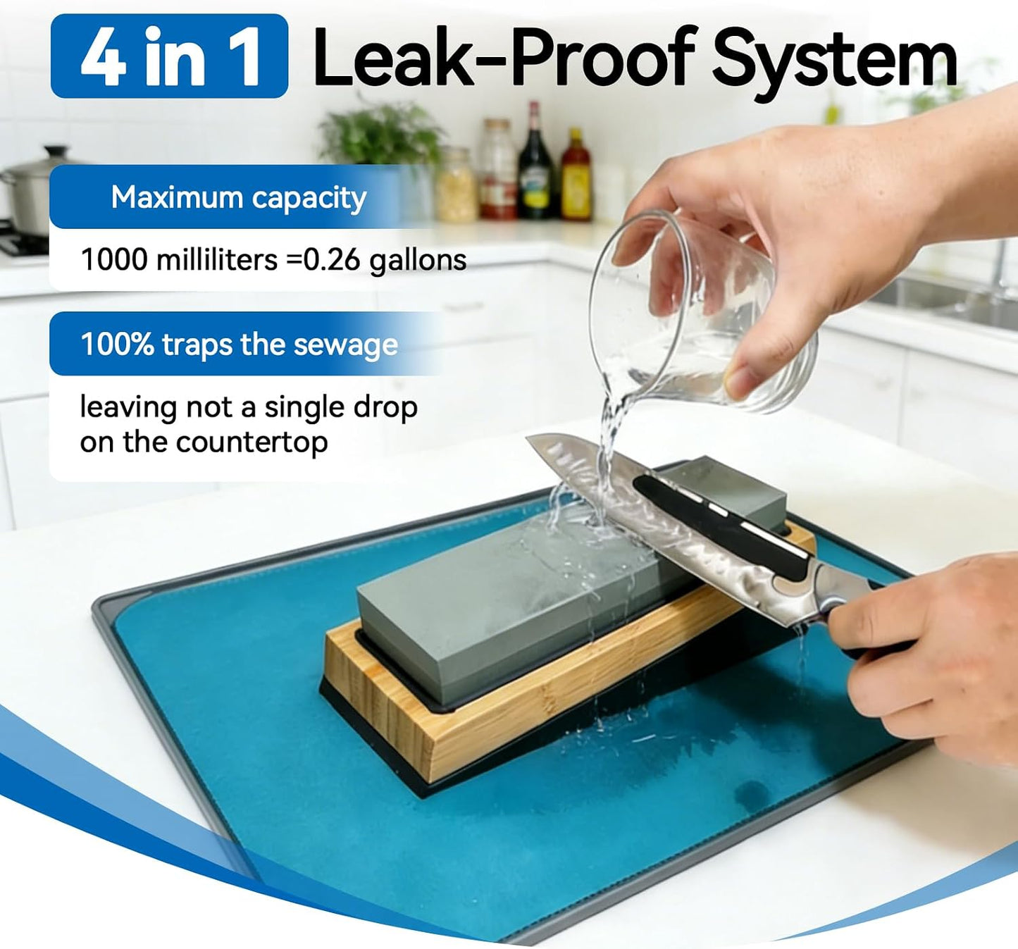 No-Mess Knife Sharpening Kit - Leak-Proof Silicone Tray & Absorbent Diatomite Mat with 15 Angled Whetstone Holder & Angle Guide | All-in-One Sharpening System