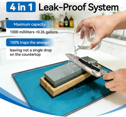No-Mess Knife Sharpening Kit - Leak-Proof Silicone Tray & Absorbent Diatomite Mat with 15 Angled Whetstone Holder & Angle Guide | All-in-One Sharpening System