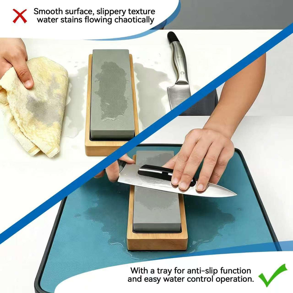 No-Mess Knife Sharpening Kit - Leak-Proof Silicone Tray & Absorbent Diatomite Mat with 15 Angled Whetstone Holder & Angle Guide | All-in-One Sharpening System