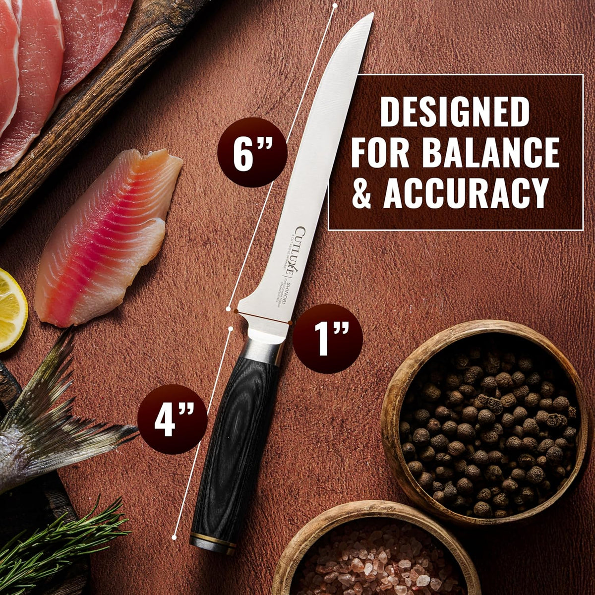 Japanese Boning Knife, 6" for Meat Cutting – Fillet Knife for Fish | Razor Sharp High Carbon Stainless Steel, Full Tang Pakkawood Handle – Shinobi Series