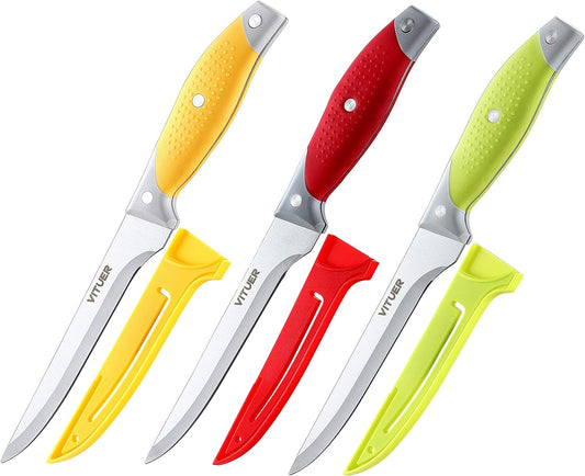 Boning Knife, 6PCS Fillet Knives (3PCS Filet Knives and 3PCS Knife Cover), 6 Inch Curved Boning Knife for Meat, Fish, Poultry, Cutting, Trimming, German Steel, PP Handle