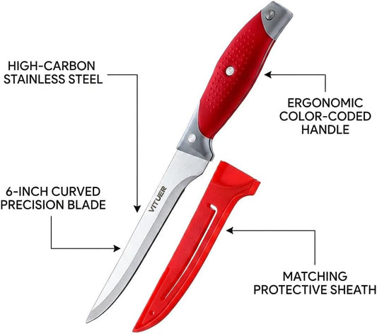 Boning Knife, 6PCS Fillet Knives (3PCS Filet Knives and 3PCS Knife Cover), 6 Inch Curved Boning Knife for Meat, Fish, Poultry, Cutting, Trimming, German Steel, PP Handle