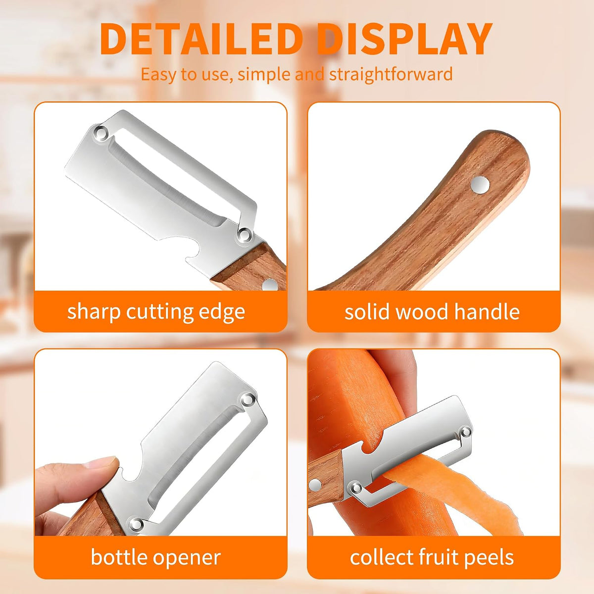 Vegetable Peeler for Kitchen, Stainless Steel Blade with Wooden Handle