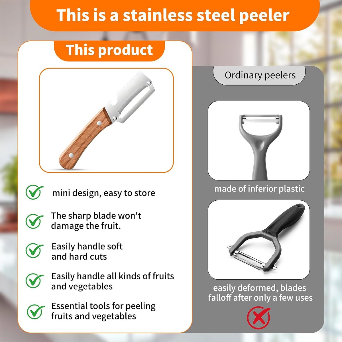 Vegetable Peeler for Kitchen, Stainless Steel Blade with Wooden Handle