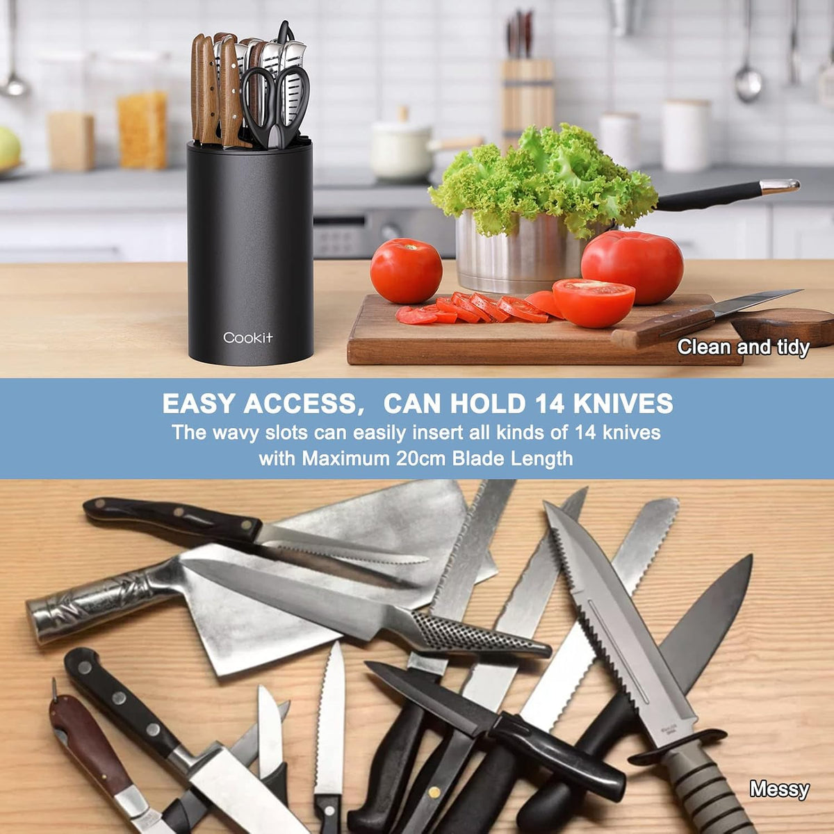 Knife Block Without Knives, Universal Round Knife Block Only, Detachable Knife Holder for Easy Cleaning, Space Saver Knife Storage Holder with Scissors Slot, Black