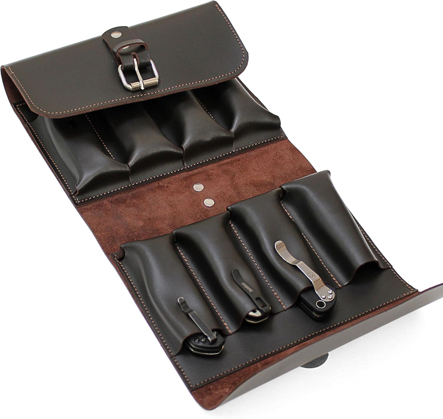 Leather Folding Knife Display Case Organizer for 4 Pocket Knives Case, Folding Knives Storage Holder, Knives Collection Pouch Bag VB4BL