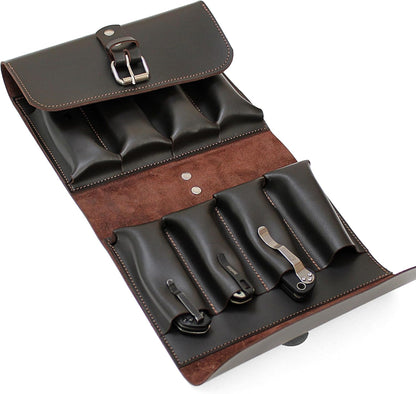 Leather Folding Knife Display Case Organizer for 4 Pocket Knives Case, Folding Knives Storage Holder, Knives Collection Pouch Bag VB4BL