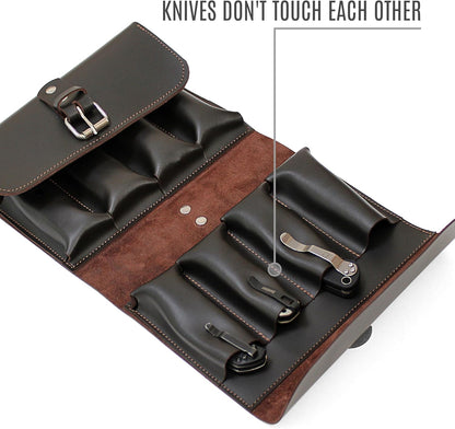 Leather Folding Knife Display Case Organizer for 4 Pocket Knives Case, Folding Knives Storage Holder, Knives Collection Pouch Bag VB4BL