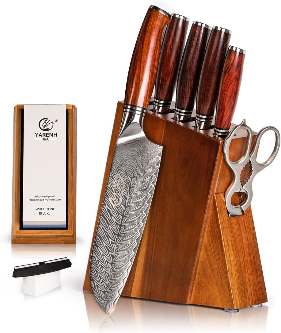 Kitchen Knife Set with Block, 8 Piece, Sharp Professional Chef Knife, 73 Layers Damascus High Carbon Stainless Steel, Full Tang Sandalwood Handle, Gift Box