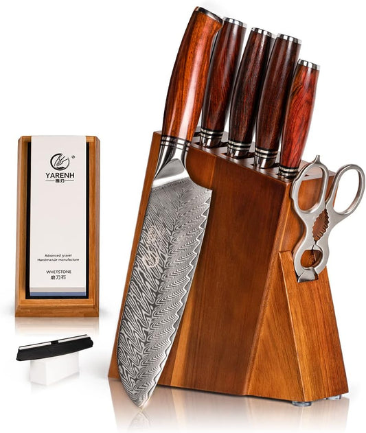 Kitchen Knife Set with Block, 8 Piece, Sharp Professional Chef Knife, 73 Layers Damascus High Carbon Stainless Steel, Full Tang Sandalwood Handle, Gift Box
