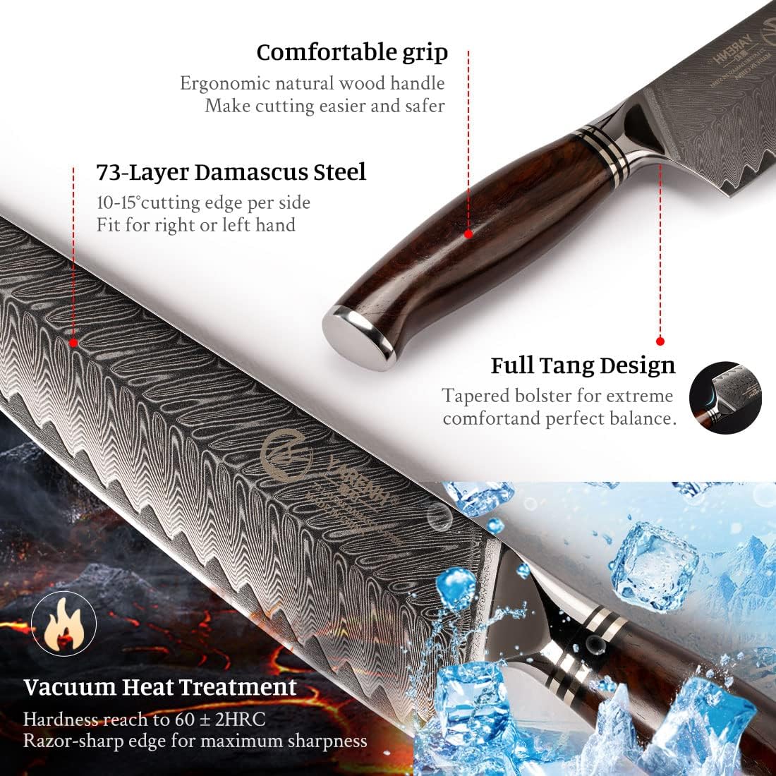 Kitchen Knife Set with Block, 8 Piece, Sharp Professional Chef Knife, 73 Layers Damascus High Carbon Stainless Steel, Full Tang Sandalwood Handle, Gift Box
