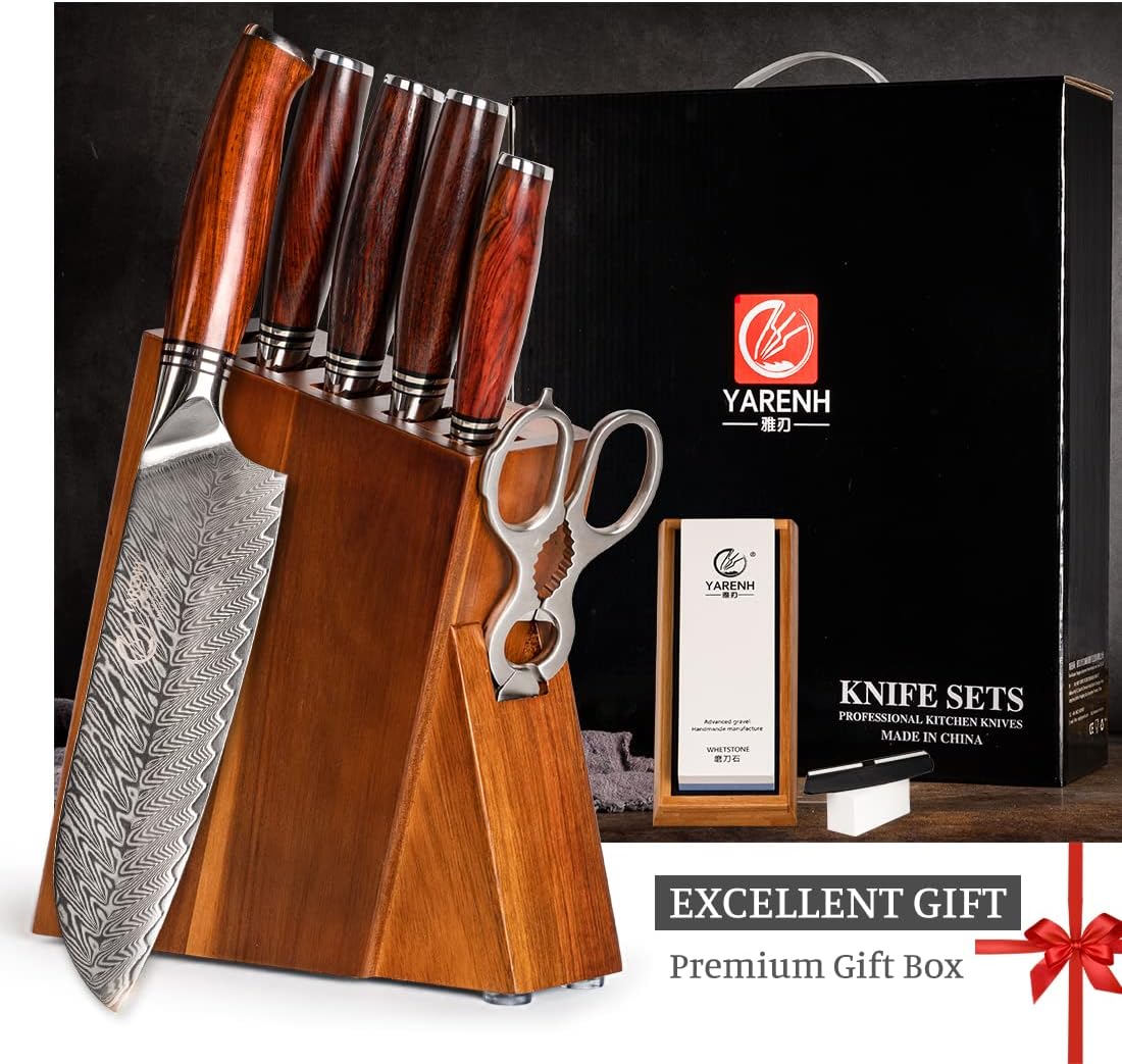 Kitchen Knife Set with Block, 8 Piece, Sharp Professional Chef Knife, 73 Layers Damascus High Carbon Stainless Steel, Full Tang Sandalwood Handle, Gift Box