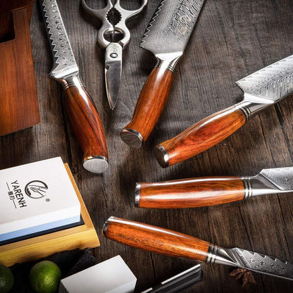 Kitchen Knife Set with Block, 8 Piece, Sharp Professional Chef Knife, 73 Layers Damascus High Carbon Stainless Steel, Full Tang Sandalwood Handle, Gift Box