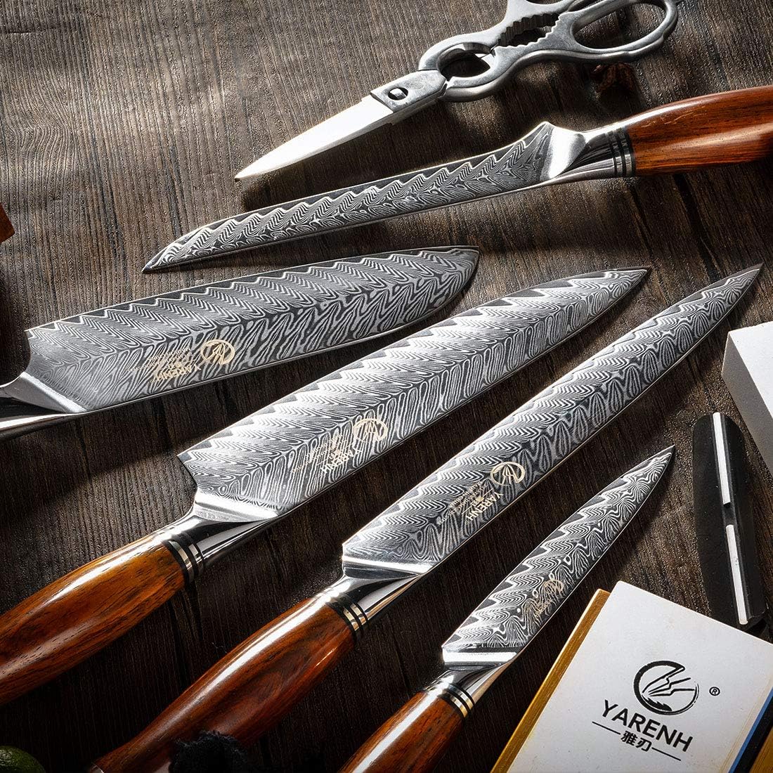 Kitchen Knife Set with Block, 8 Piece, Sharp Professional Chef Knife, 73 Layers Damascus High Carbon Stainless Steel, Full Tang Sandalwood Handle, Gift Box