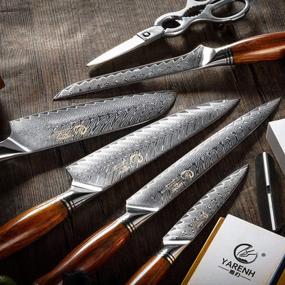 Kitchen Knife Set with Block, 8 Piece, Sharp Professional Chef Knife, 73 Layers Damascus High Carbon Stainless Steel, Full Tang Sandalwood Handle, Gift Box