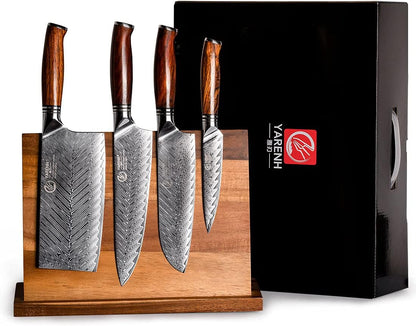 Kitchen Knife Set with Block, 8 Piece, Sharp Professional Chef Knife, 73 Layers Damascus High Carbon Stainless Steel, Full Tang Sandalwood Handle, Gift Box