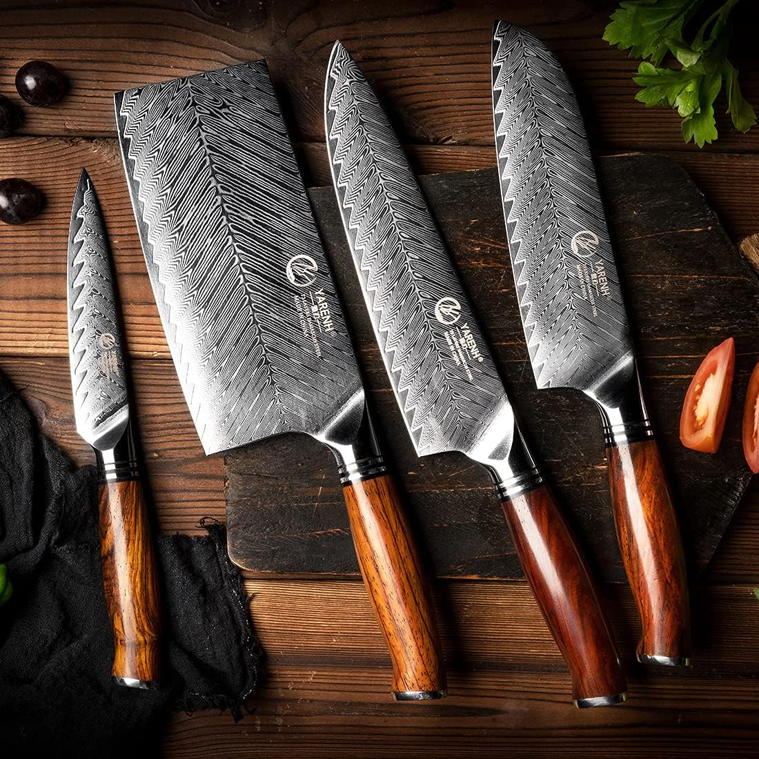 Kitchen Knife Set with Block, 8 Piece, Sharp Professional Chef Knife, 73 Layers Damascus High Carbon Stainless Steel, Full Tang Sandalwood Handle, Gift Box