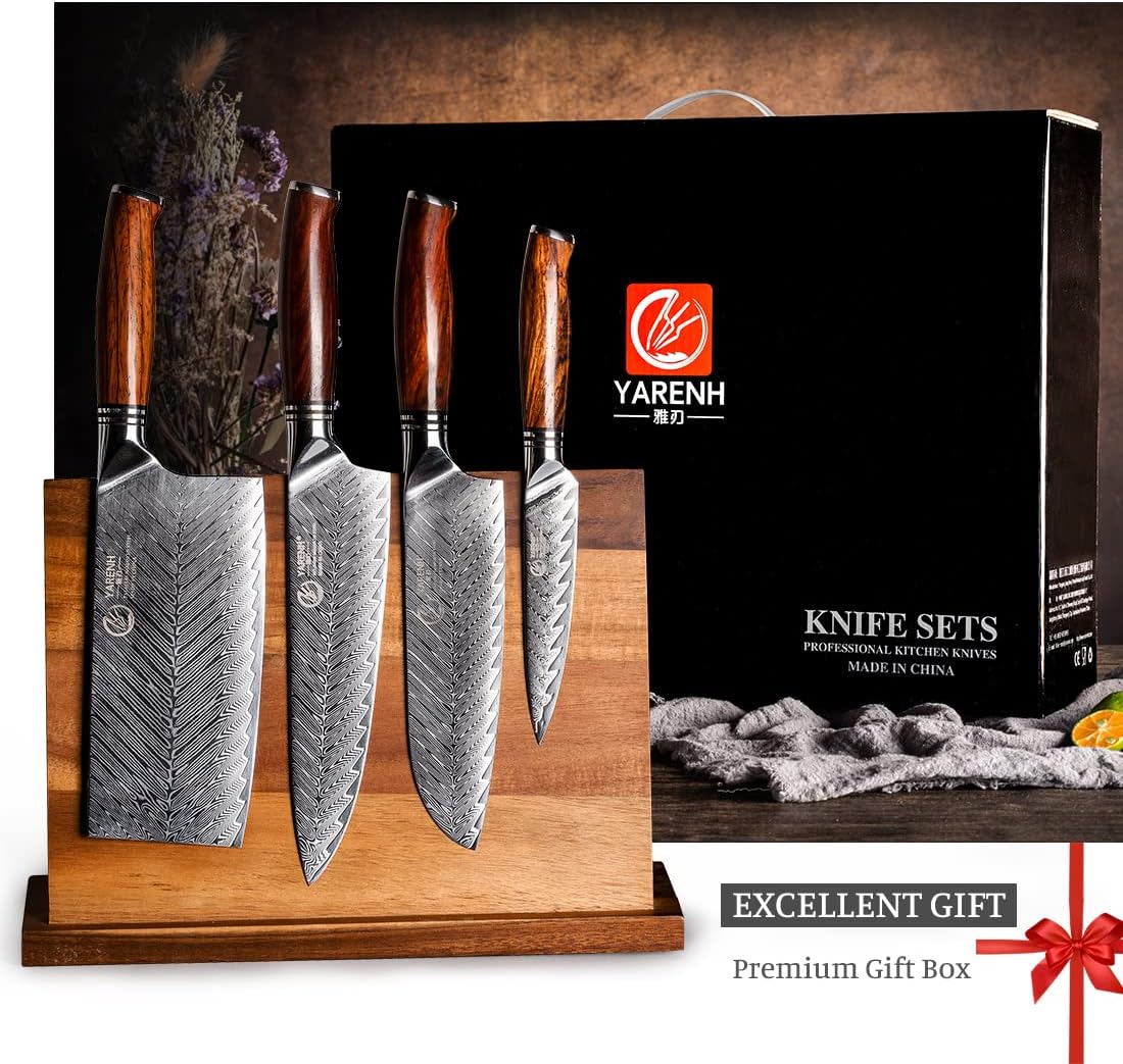 Kitchen Knife Set with Block, 8 Piece, Sharp Professional Chef Knife, 73 Layers Damascus High Carbon Stainless Steel, Full Tang Sandalwood Handle, Gift Box