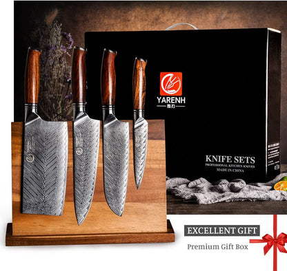 Kitchen Knife Set with Block, 8 Piece, Sharp Professional Chef Knife, 73 Layers Damascus High Carbon Stainless Steel, Full Tang Sandalwood Handle, Gift Box
