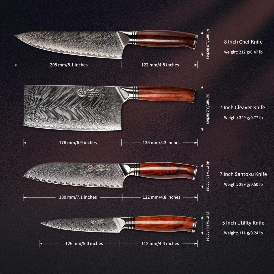 Kitchen Knife Set with Block, 8 Piece, Sharp Professional Chef Knife, 73 Layers Damascus High Carbon Stainless Steel, Full Tang Sandalwood Handle, Gift Box