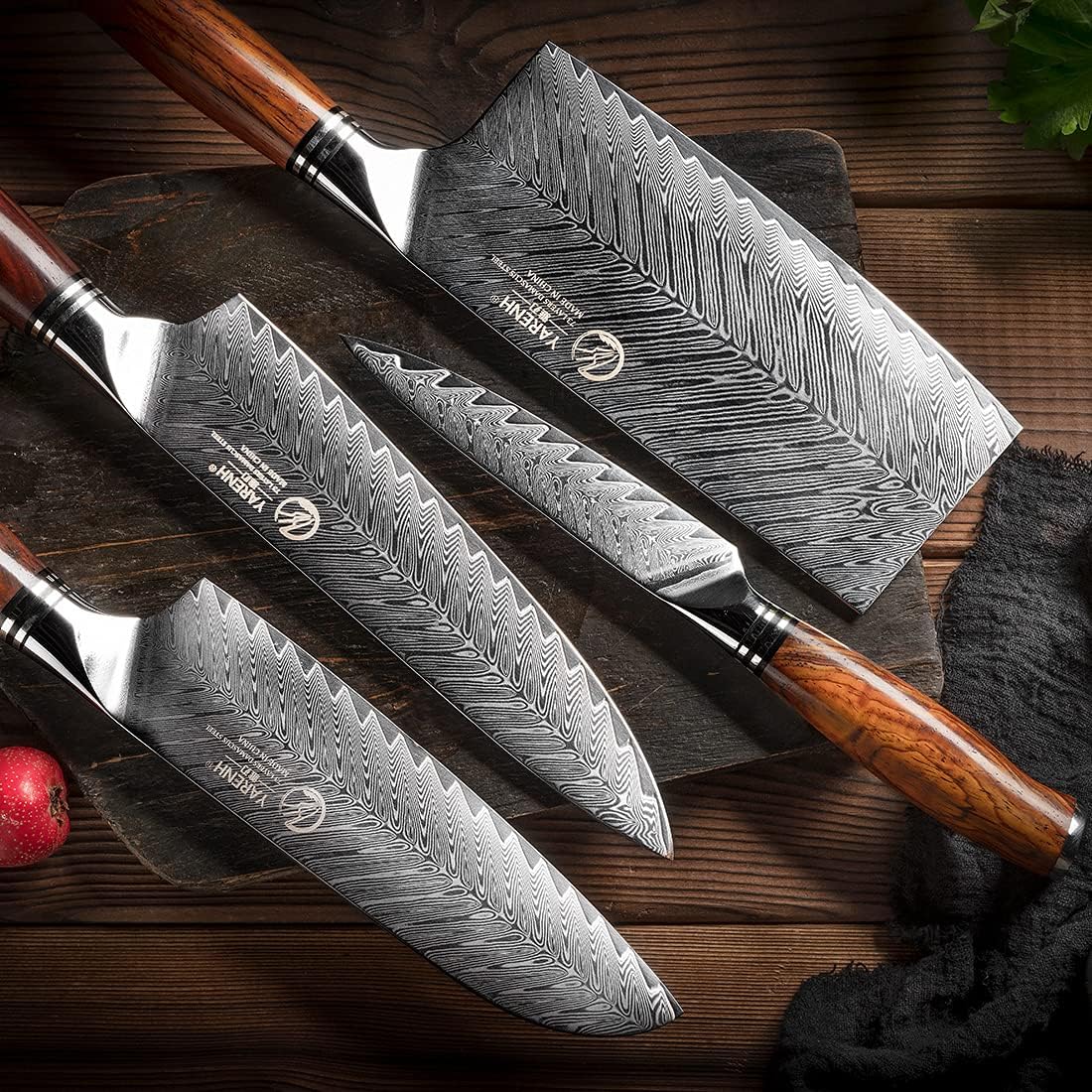 Kitchen Knife Set with Block, 8 Piece, Sharp Professional Chef Knife, 73 Layers Damascus High Carbon Stainless Steel, Full Tang Sandalwood Handle, Gift Box