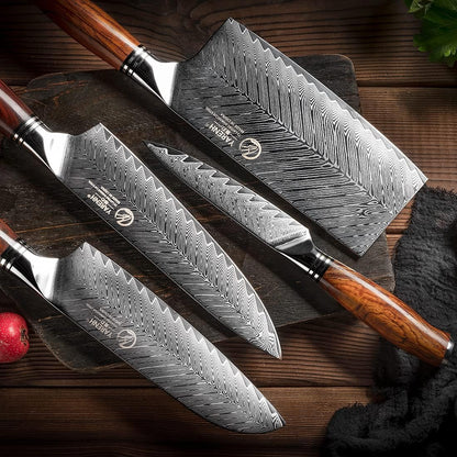 Kitchen Knife Set with Block, 8 Piece, Sharp Professional Chef Knife, 73 Layers Damascus High Carbon Stainless Steel, Full Tang Sandalwood Handle, Gift Box