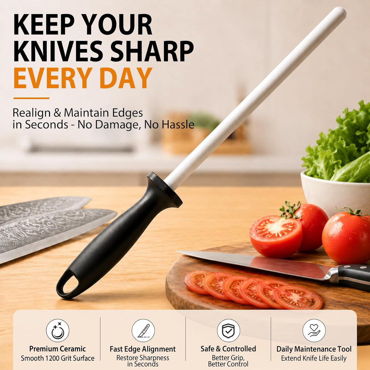 10-in Ceramic Honing Rod, 1200 Grit Knife Sharpener Rod for Kitchen Knives | 10-Inch, Fine 1200 Grit, Daily Maintenance and Polishing, Non-Slip Handle, Razor Sharp Blades