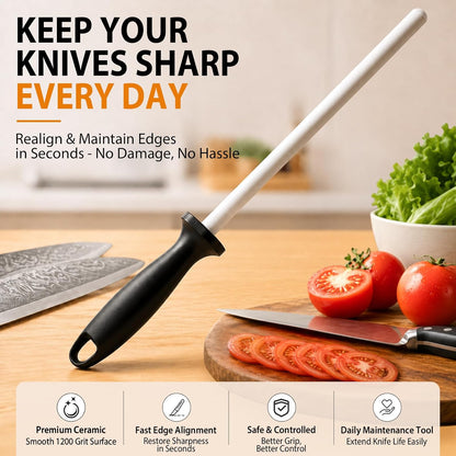 10-in Ceramic Honing Rod, 1200 Grit Knife Sharpener Rod for Kitchen Knives | 10-Inch, Fine 1200 Grit, Daily Maintenance and Polishing, Non-Slip Handle, Razor Sharp Blades