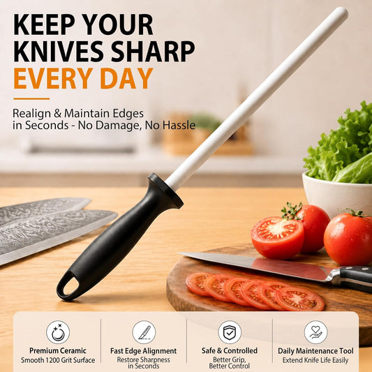 10-in Ceramic Honing Rod, 1200 Grit Knife Sharpener Rod for Kitchen Knives | 10-Inch, Fine 1200 Grit, Daily Maintenance and Polishing, Non-Slip Handle, Razor Sharp Blades