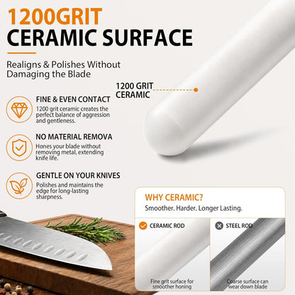10-in Ceramic Honing Rod, 1200 Grit Knife Sharpener Rod for Kitchen Knives | 10-Inch, Fine 1200 Grit, Daily Maintenance and Polishing, Non-Slip Handle, Razor Sharp Blades