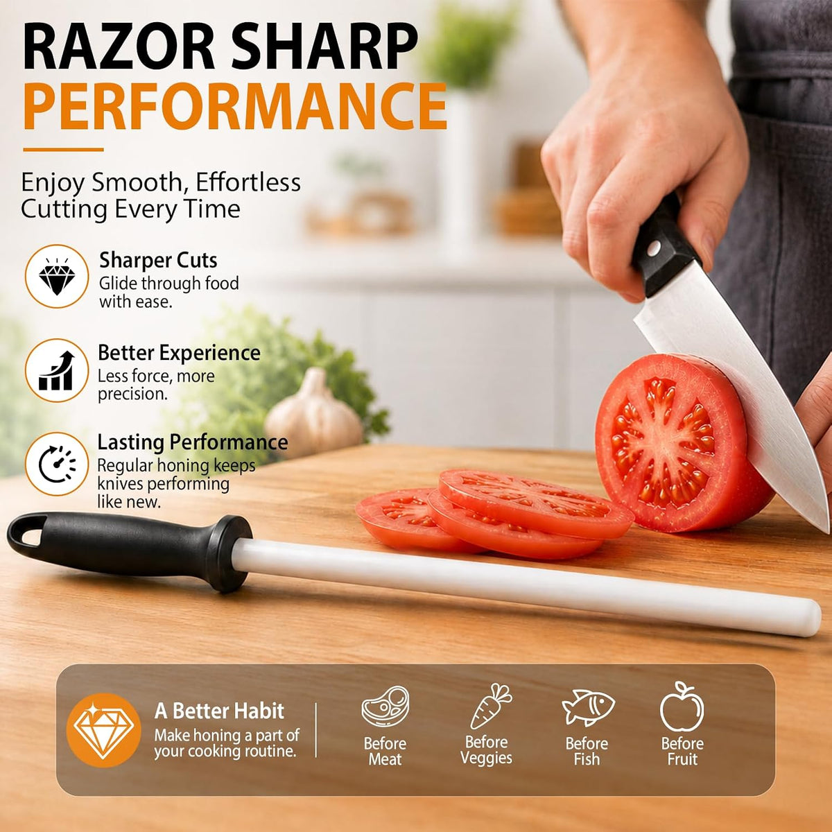 10-in Ceramic Honing Rod, 1200 Grit Knife Sharpener Rod for Kitchen Knives | 10-Inch, Fine 1200 Grit, Daily Maintenance and Polishing, Non-Slip Handle, Razor Sharp Blades