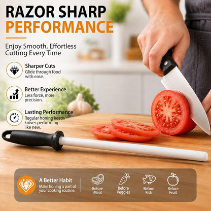 10-in Ceramic Honing Rod, 1200 Grit Knife Sharpener Rod for Kitchen Knives | 10-Inch, Fine 1200 Grit, Daily Maintenance and Polishing, Non-Slip Handle, Razor Sharp Blades