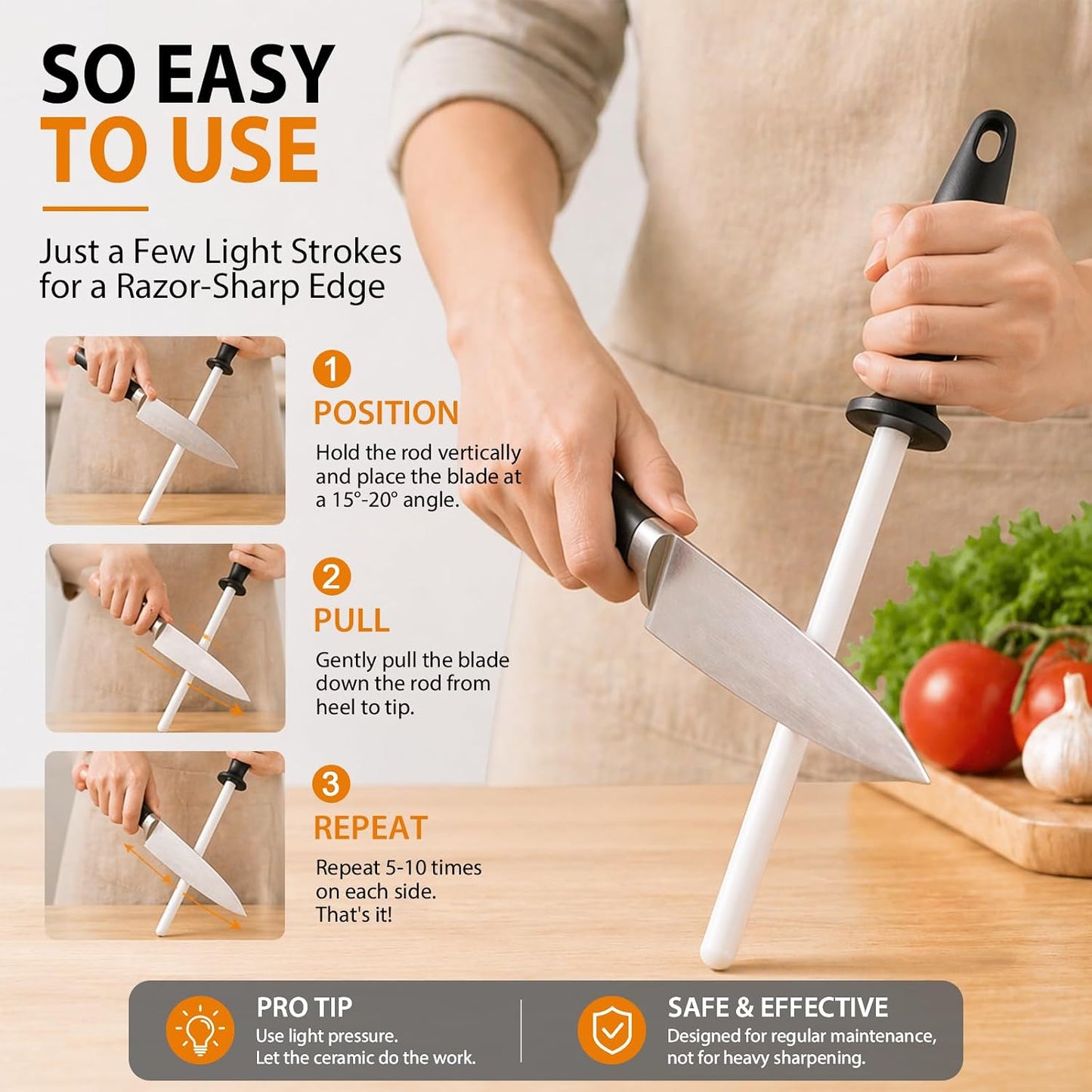 10-in Ceramic Honing Rod, 1200 Grit Knife Sharpener Rod for Kitchen Knives | 10-Inch, Fine 1200 Grit, Daily Maintenance and Polishing, Non-Slip Handle, Razor Sharp Blades