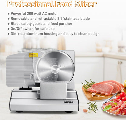 Meat Slicer, Electric Deli Meat Slicer with 2 Removable 8.7''Stainless Steel Blades,Removable Food Carriage,1-20mm Adjustable Thickness Food Slicer for Home,Easy for Cut Meat,Cheese,Bread