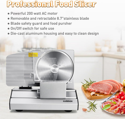 Meat Slicer, Electric Deli Meat Slicer with 2 Removable 8.7''Stainless Steel Blades,Removable Food Carriage,1-20mm Adjustable Thickness Food Slicer for Home,Easy for Cut Meat,Cheese,Bread
