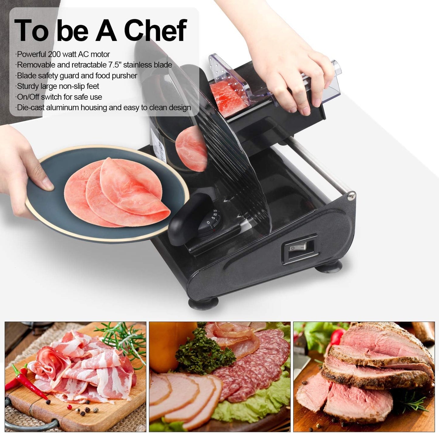 Meat Slicer, Electric Deli Meat Slicer with 2 Removable 8.7''Stainless Steel Blades,Removable Food Carriage,1-20mm Adjustable Thickness Food Slicer for Home,Easy for Cut Meat,Cheese,Bread