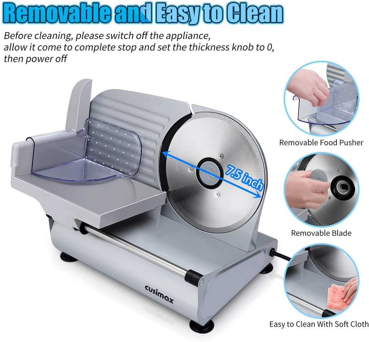 Meat Slicer, Electric Deli Meat Slicer with 2 Removable 8.7''Stainless Steel Blades,Removable Food Carriage,1-20mm Adjustable Thickness Food Slicer for Home,Easy for Cut Meat,Cheese,Bread