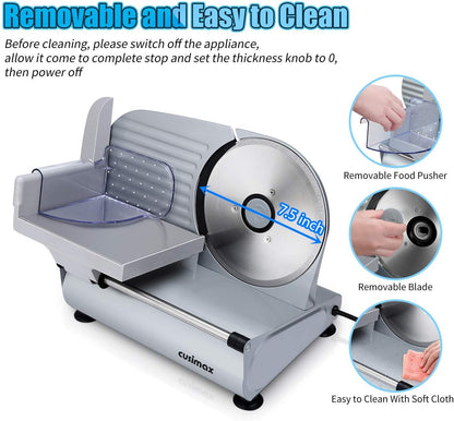 Meat Slicer, Electric Deli Meat Slicer with 2 Removable 8.7''Stainless Steel Blades,Removable Food Carriage,1-20mm Adjustable Thickness Food Slicer for Home,Easy for Cut Meat,Cheese,Bread