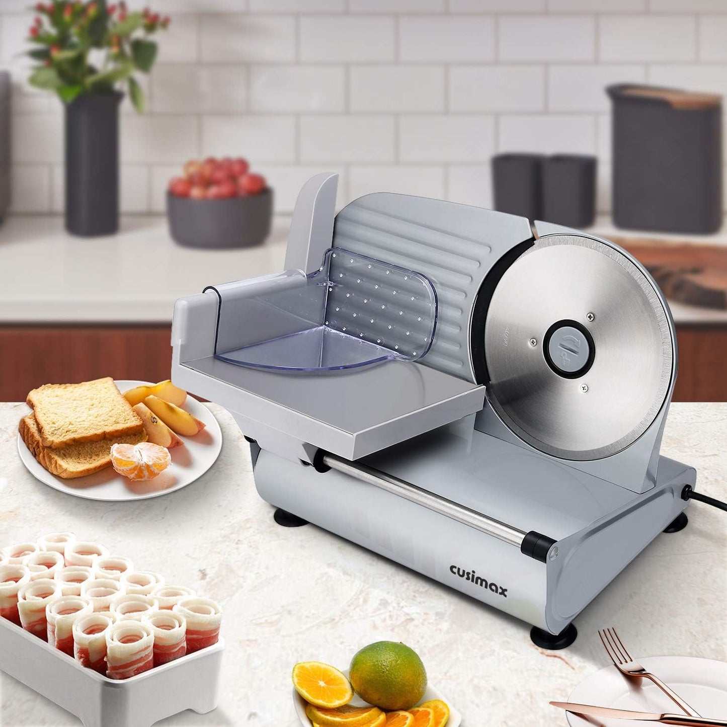 Meat Slicer, Electric Deli Meat Slicer with 2 Removable 8.7''Stainless Steel Blades,Removable Food Carriage,1-20mm Adjustable Thickness Food Slicer for Home,Easy for Cut Meat,Cheese,Bread